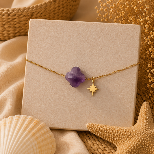 Bracelet Trèfle Améthyste & Étoile Dorée