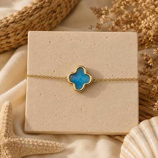 Bracelet Trèfle bleu – Chaîne Acier Inoxidable Doré