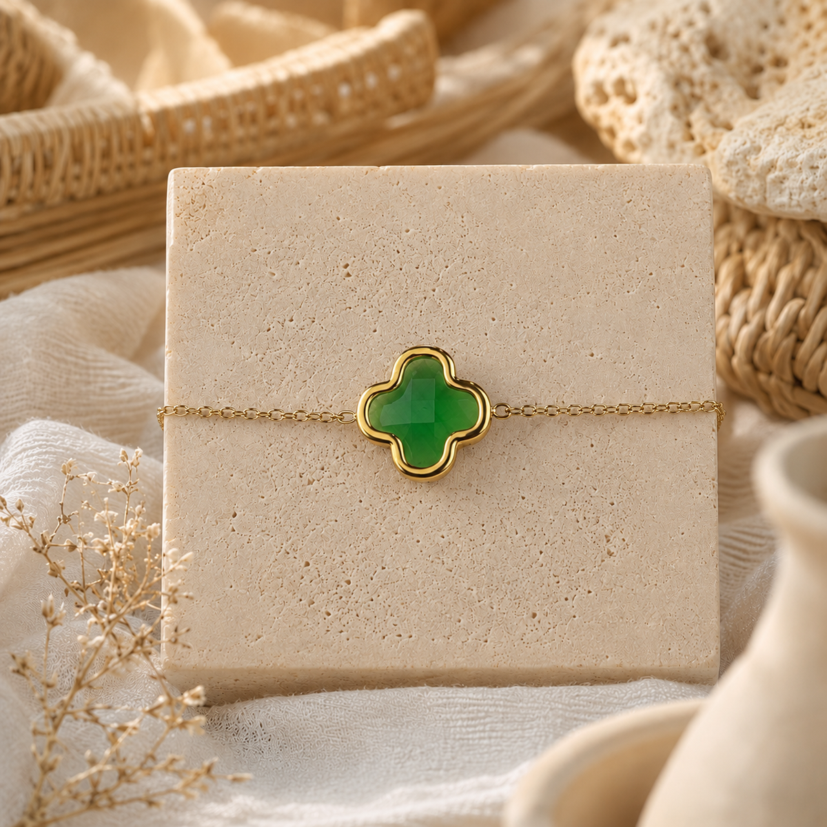 Bracelet Trèfle Vert – Chaîne Acier Inoxidable Doré