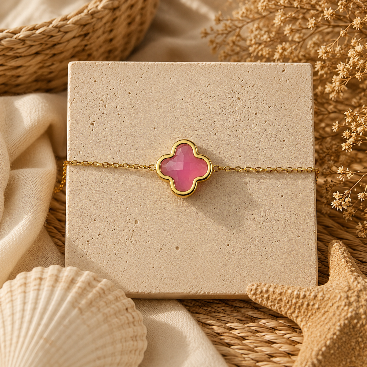 Bracelet trèfle beige rosé en acier inoxydable doré avec verre taillé, sur présentoir en pierre