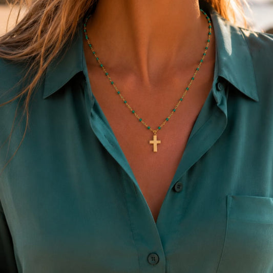 Collier Croix Perles Vertes