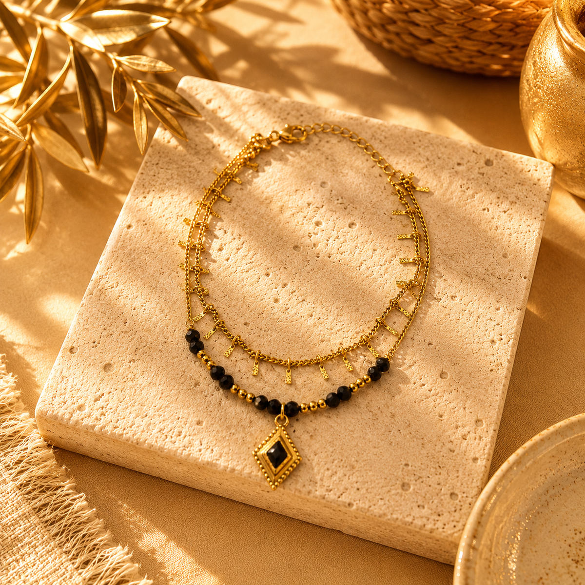 bracelet double femme nuit dorée perles noires pendentif losange acier inoxydable - Oustau Bijoux