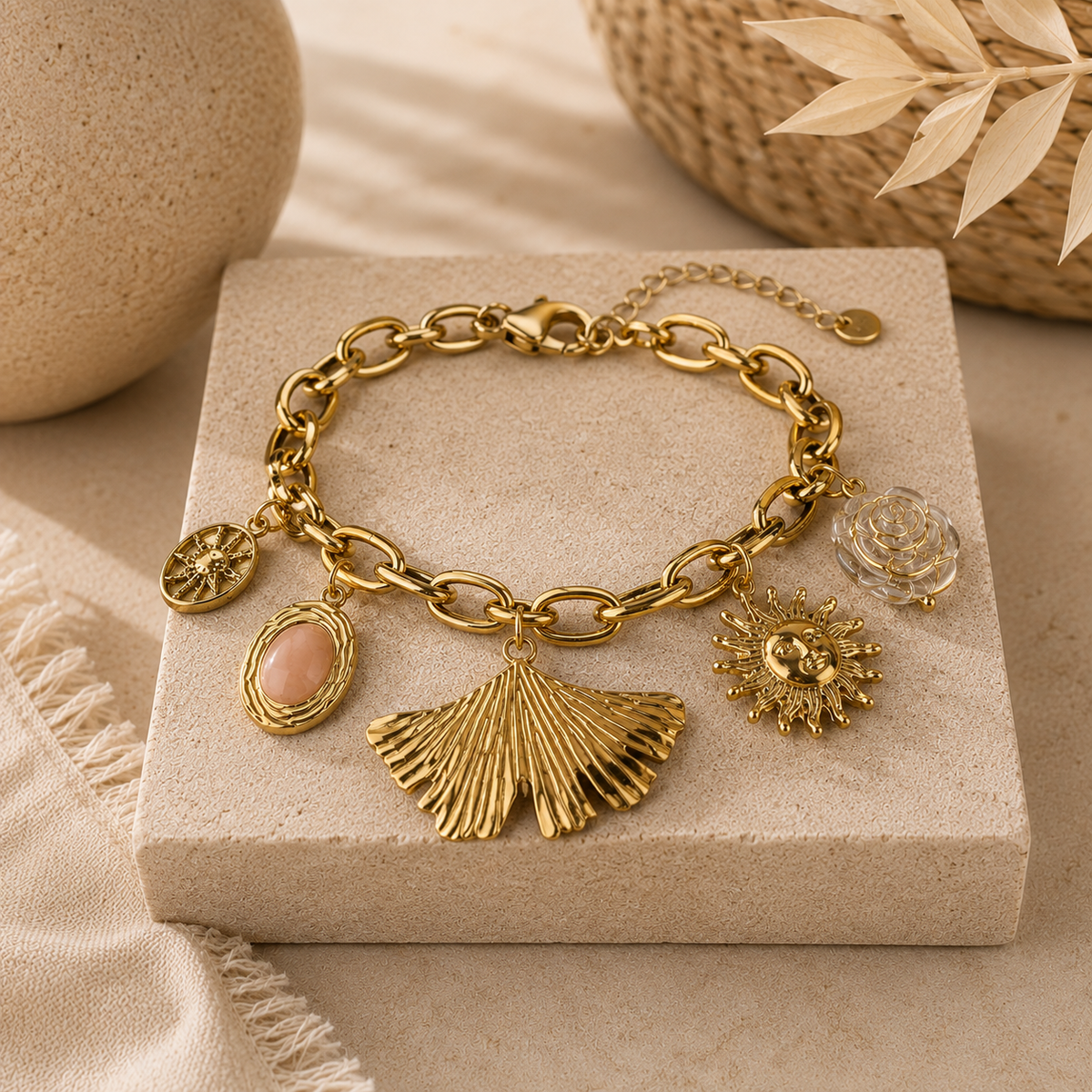 bracelet femme breloques dorées coquillage soleil cabochon rose acier inoxydable - Oustau Bijoux