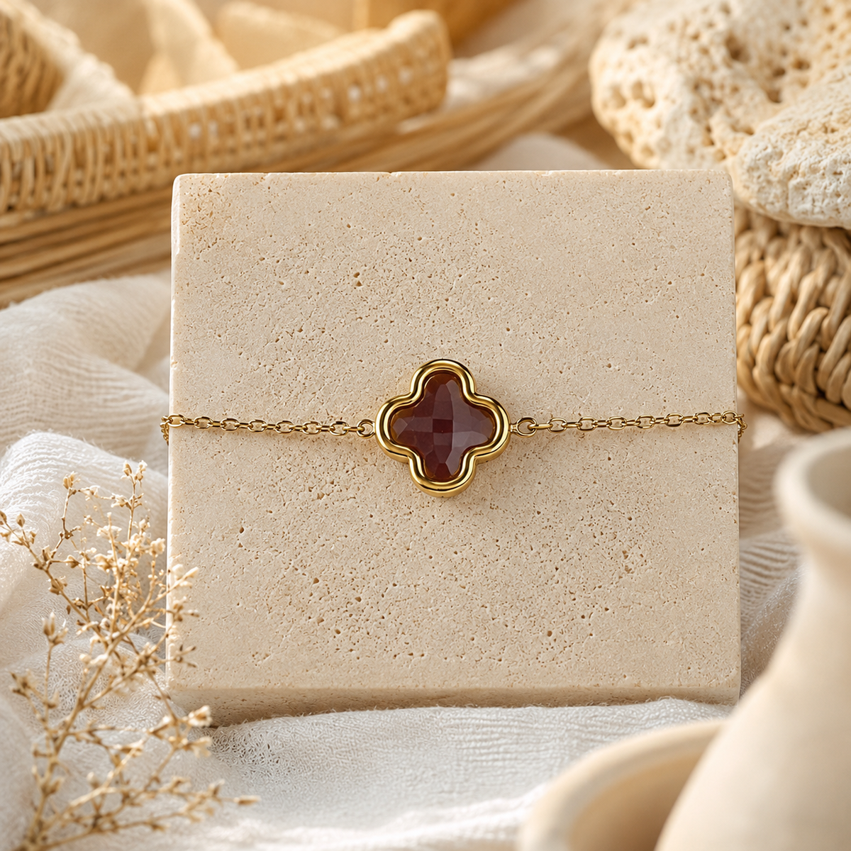Bracelet Trèfle Marron – Chaîne Acier Inoxidable Doré